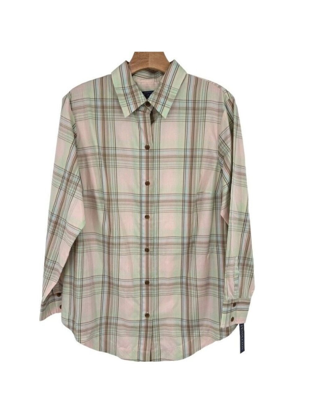 Pendleton women's no iron blouse pink plaid button up size 14 W plus pockets new